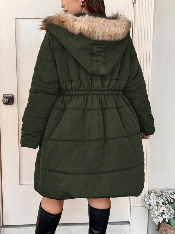  Solid Button Front Pocket Faux Fur Trim Hooded Winter Coat, Casual Long Sleeve Outerwear for Fall & Winter, Gift Set for Women, Coats for Winter Women 2024, Fall Outfits, Fallfreshness, Winter Clothes Women Winter Jacket