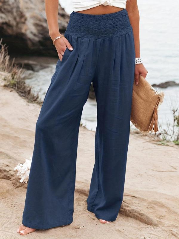 Women's Plain Pocket Shirred Wide Leg Pants, Going Out Outfits 2024, Casual Comfy High Waist Straight Leg Trousers for Summer, Fashion Women's Bottoms for Daily Wear