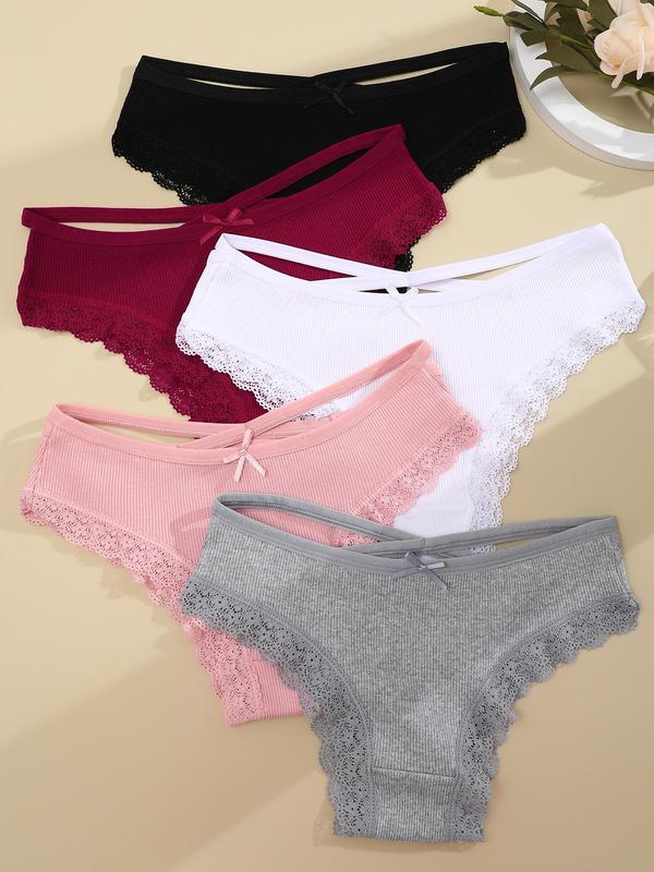 Women's 5pcs Bow Front Contrast Lace Criss Cross Knicker, Comfort Basic Soft Comfy Breathable Cut Out Panty, Women's Underwear For All Seasons