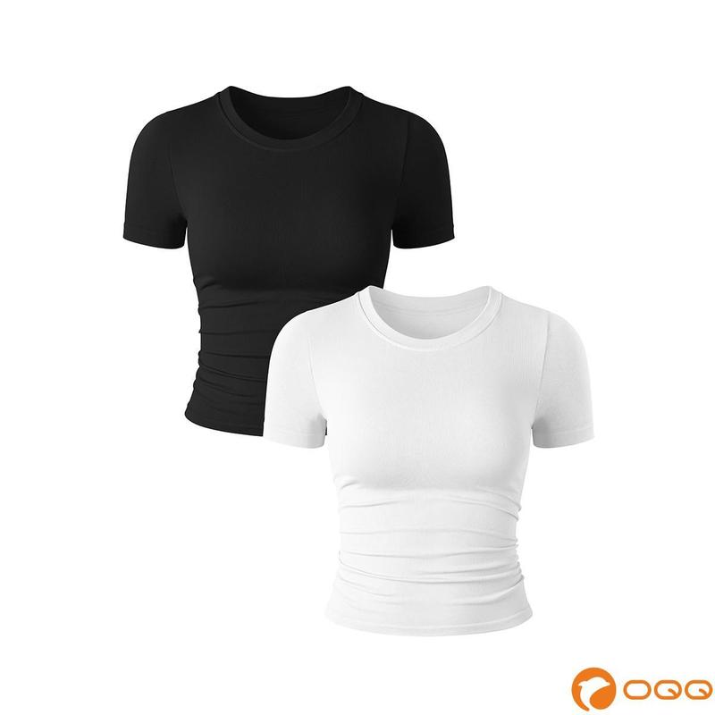 OQQ Womens 2 Piece Shirts Short Sleeve Crew Neck Ruched Stretch Fitted Tee Shirts Crop Tops Womenswear Underwear Lady Streetwear