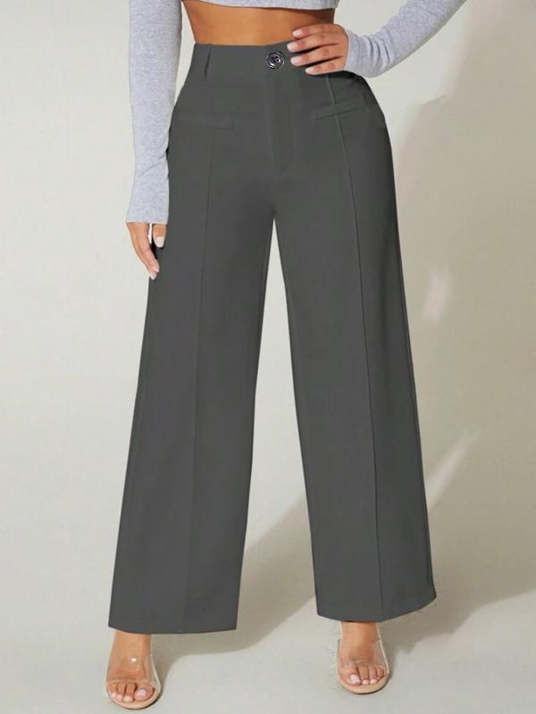 Women's Plain High Waist Wide Leg Pants, Elegant Comfort Button Decor Straight Leg Trousers For Work Office Business, Pants for Women, Summer Outfits 2024