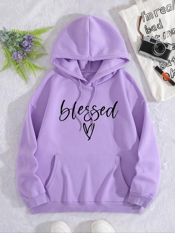 Women's Letter & Heart Print Drawstring Pocket Hoodie, Casual Long Sleeve Hooded Sweatshirt for Spring & Fall, Fashion Women's Clothes for Daily Wear