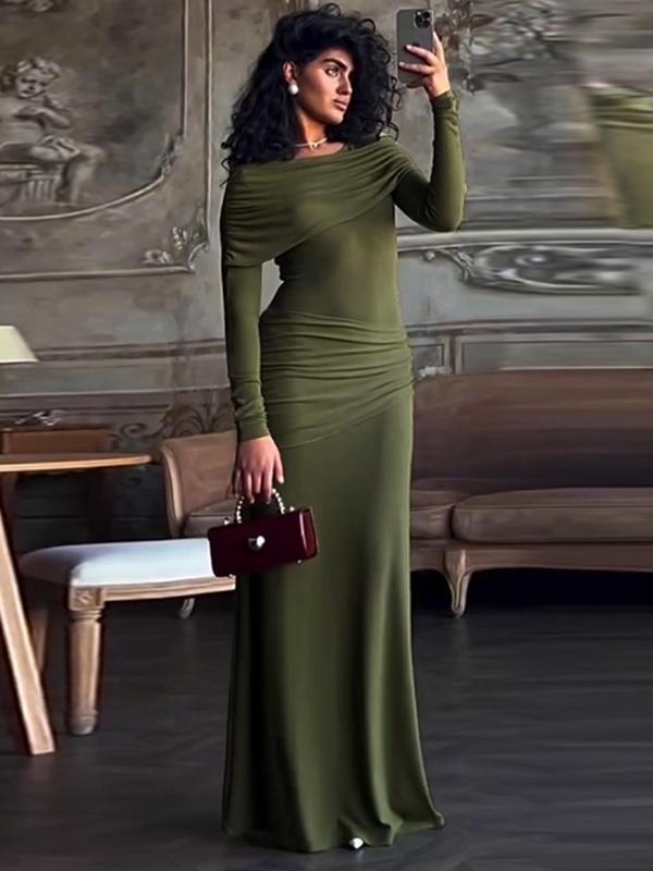 Women's Plain Ruched Bodycon Dress, Elegant Long Sleeve Round Neck Maxi Dress for Party Club Dating Wear, Women's Clothing for Spring & Fall