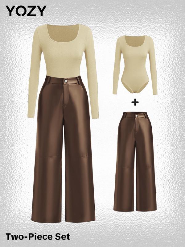 YOZY Christmas Deals, Square Neck Bodysuit & Pocket Button Pants Set, Button Closure Crotch Bodysuit & Fashion PU Leather Pants, 2024 Women's Daily Wear for Spring & Fall, Christmas 2024 Trend, Fall & Winter Outfits