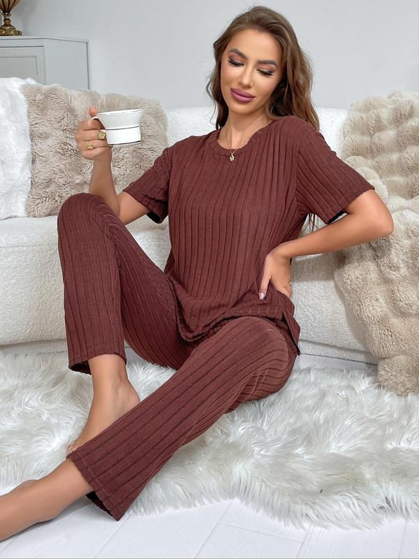 Women's Solid Ribbed Drop Shoulder Tee & Pants Pyjama Two-piece Set, Casual Comfy Split Loungewear Hem Short Sleeve Top & Trousers Pj Set, Homewear Ladies Sleepwear for All Seasons