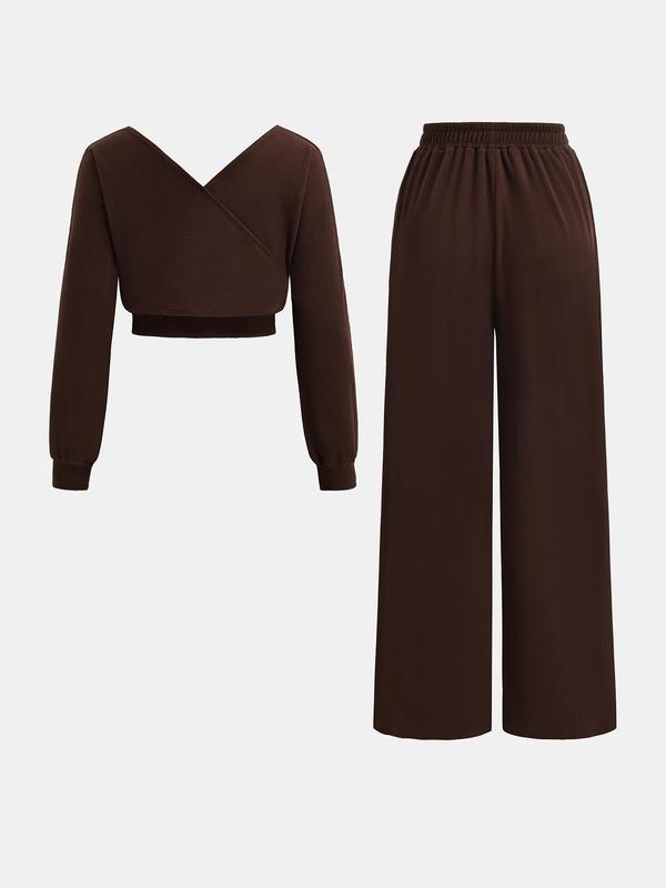 YOZY Black Friday Deals, Women's Solid Wrap V Neck Top & Wide Leg Pants Two-piece Set, Casual Long Sleeve Top & Trousers Two Piece Set for Daily Wear, Ladies Clothes for All Seasons, Christmas 2024 Trend, Thanksgiving Outfits, Fall Outfits, Winter Outfits