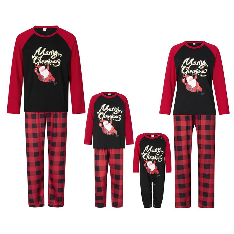 Christmas Family Pajamas Matching Set, Long Sleeve Letters Santa Claus Print T-shirt with Plaid Pants Sleepwear Loungewear Crewneck Womenswear