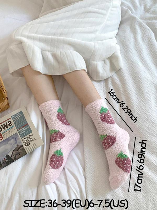 Women's Fruit Print Coral Fleece Crew Socks, Casual Soft Comfy Thermal Socks for Fall & Winter, Women's Socks for Daily Wear