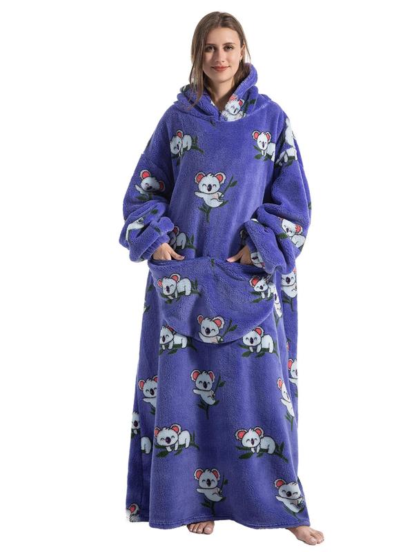 Women's Animal fruit pizza pumpkin Print Drop Shoulder Blanket Hoodie, Casual Long Sleeve Pocket Hooded Blanket Robe,  Robe for Women, Ladies Fall & Winter Sleepwear