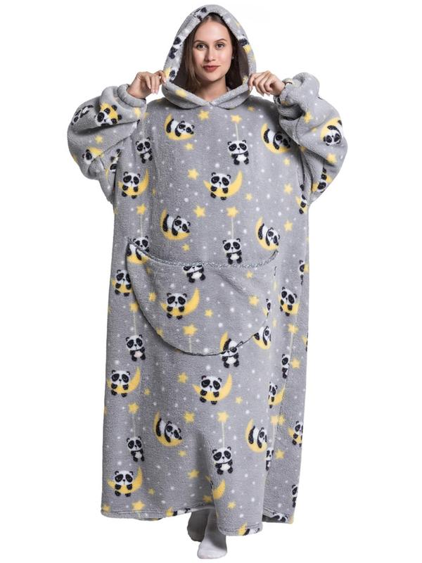 Women's Animal fruit pizza pumpkin Print Drop Shoulder Blanket Hoodie, Casual Long Sleeve Pocket Hooded Blanket Robe,  Robe for Women, Ladies Fall & Winter Sleepwear