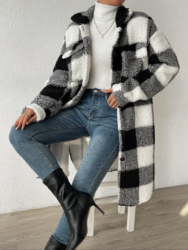 Women's Plaid Print Button Front Pocket  Fuzzy Long Coat, Casual Long Sleeve Collared Outerwear for Fall & Winter, Ladies Clothes for Daily Wear