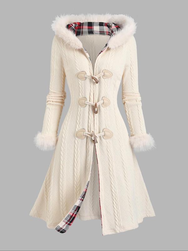 Plus Size Contrast Faux Fur Trim Button Front Hooded Coat, Casual Long Sleeve Outerwear for Fall & Winter, Women's Clothes for Daily Wear