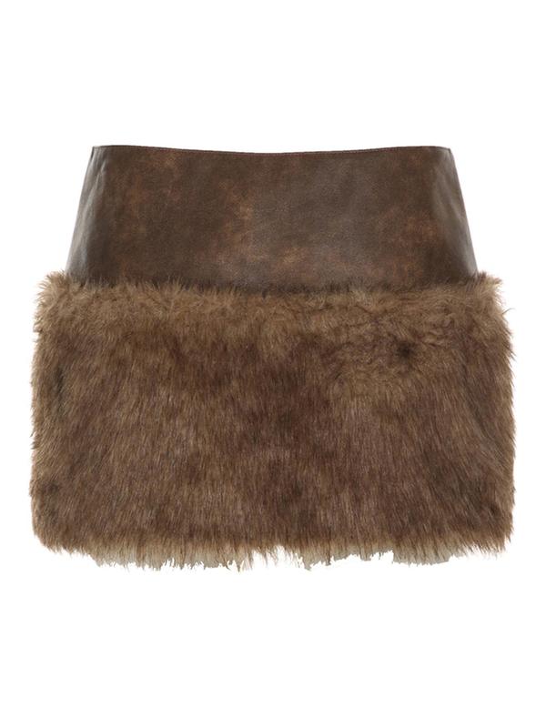 Women's Contrast Faux Fur Zipper Mini Skirt, Fashionable PU Leather Skirt for Party Club Dating, Ladies Bottoms for All Seasons