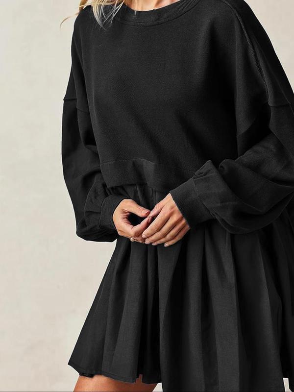 Women's Solid Color Pleated Drop Shoulder Sweatshirt Dress, Casual Long Sleeve Round Neck Short Dress for Fall & Winter, Women's Clothing for Daily Wear