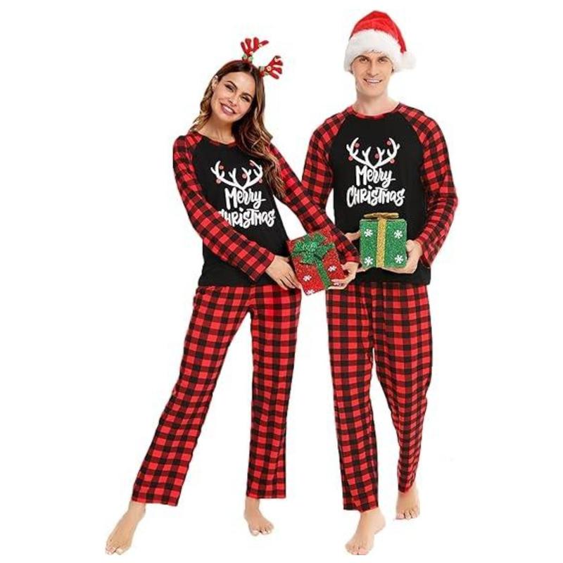 Couple's Christmas Themed Reindeer & Plaid Print Raglan Sleeve Pajama Two-piece Set, Casual Comfy Long Sleeve Top & Elastic Waist Pants Pj Set, Couple's Sleepwear for Spring & Fall, Matching Bf and Gf