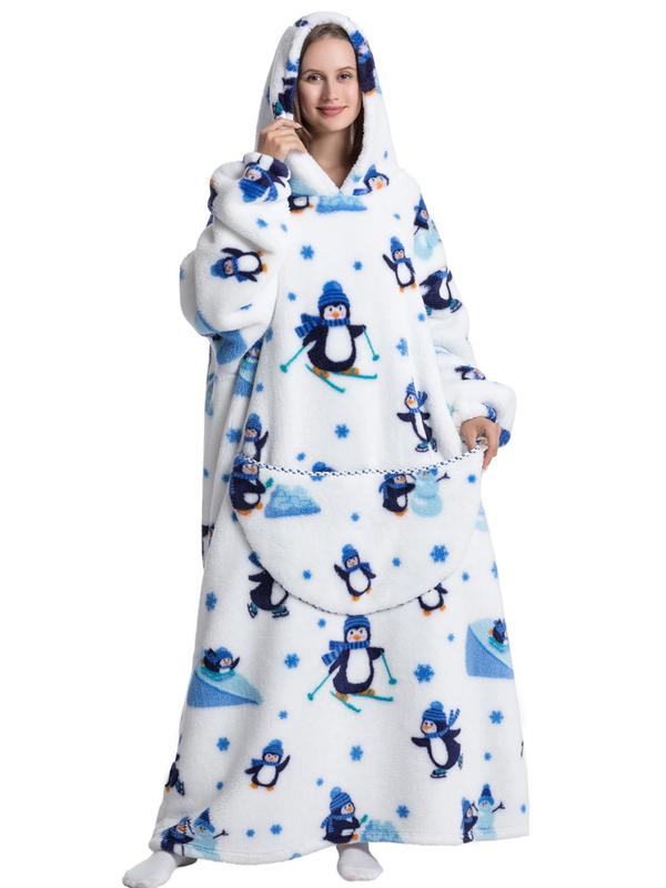 Women's Animal fruit pizza pumpkin Print Drop Shoulder Blanket Hoodie, Casual Long Sleeve Pocket Hooded Blanket Robe,  Robe for Women, Ladies Fall & Winter Sleepwear