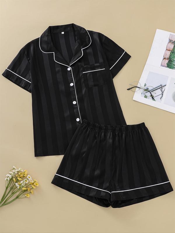 2 Piece Set Women's Striped Jacquard Contrast Binding Satin Pyjama Set, Casual Lapel Shirt & Elastic Waist Shorts PJ Set, Ladies Summer Clothes, Pajama Sets Women, Women's Sleepwear & Homewear, PJ Sets for Women