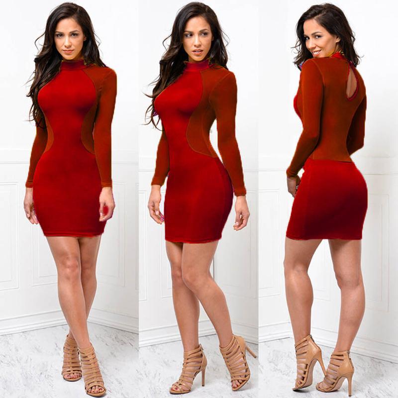 Women Sexy Bodycon Dress, Evening Party Cocktail Dress, Transparent Long Sleeve Clubwear Dress