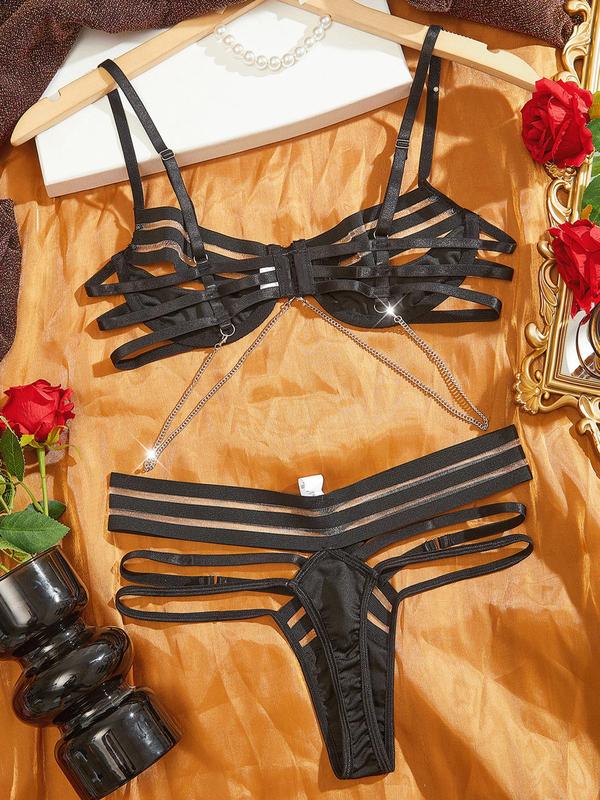 Women's Chain Decor Bralette & Panty Two-Piece Set, Cut Out Bralette & Panty, Sexy Lingerie Set for Women