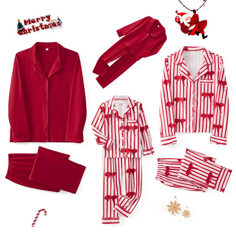 Christmas Family Pajamas Matching Set Lapel Neck Button-up Long Sleeve Tops Long Pants 2-Piece Bow Solid Color Loungewear Outfit