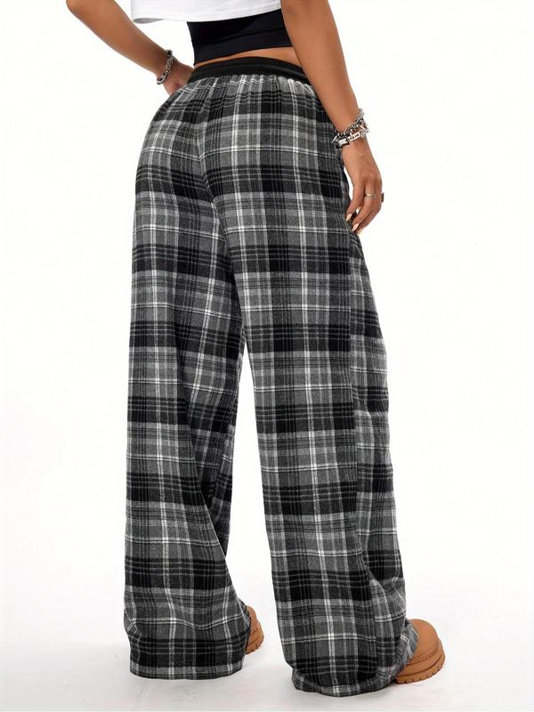 Women's Plaid Print Drawstring Waist Wide Leg Pants, Casual Comfy Pocket Trousers for Daily Wear, Ladies Bottoms for All Seasons