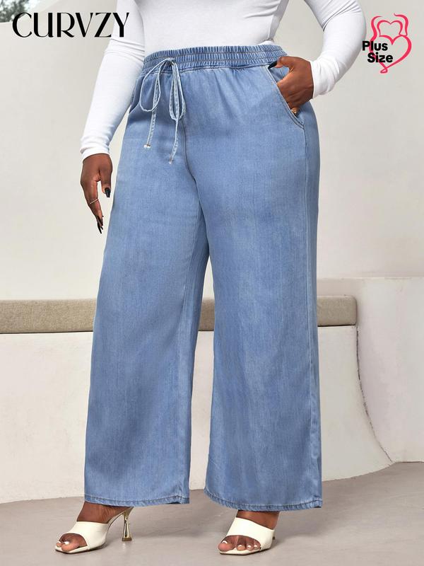 CURVZY Christmas Deals, Plus Size Solid Drawstring Waist Wide Leg Jeans, Casual Pants Pocket High Waist Denim Trousers for Daily Wear, Women's Bottoms for All Seasons, Christmas 2024 Trend, Fall & Winter Clothes