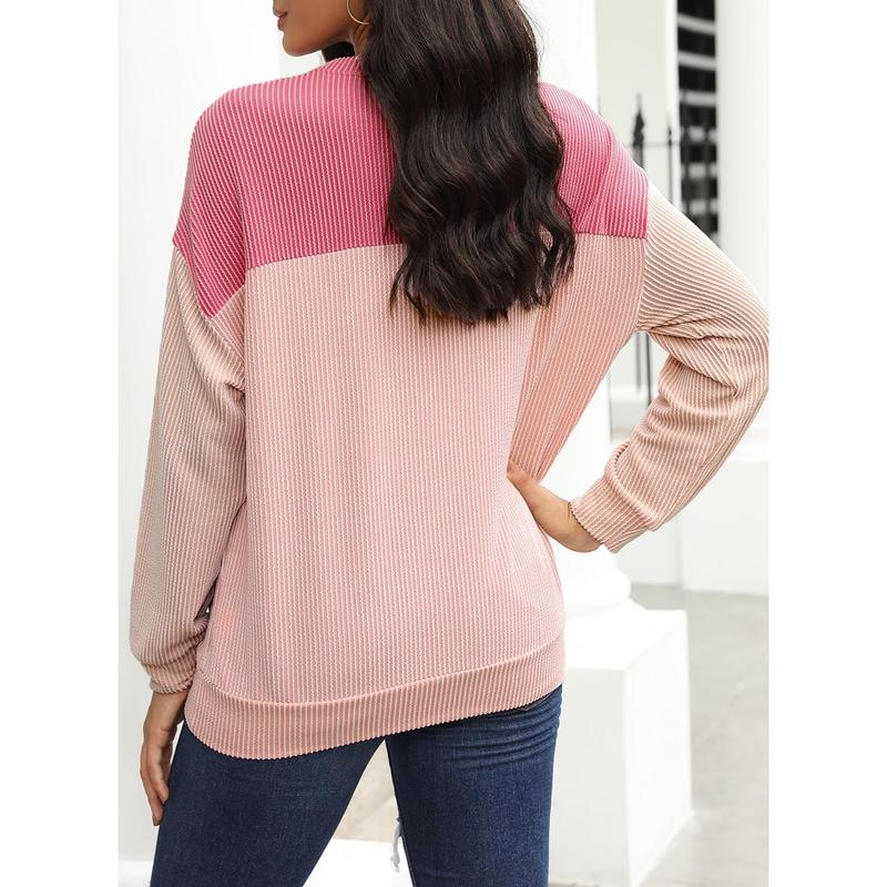 Dokotoo Womens Fashion 2024 Color Block Long Sleeve Crewneck Knitted Casual Loose Pullover Shirts Tops