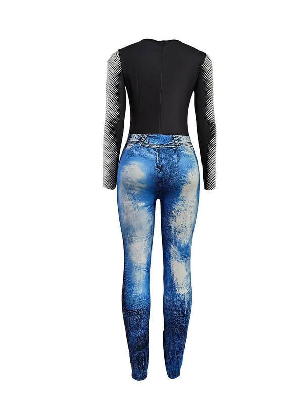 Women's 3D Denim-Effect Print Skinny Jumpsuit, Fashion Long Sleeve Round Neck Jumpsuit, Ladies Clothes For Party Holiday Daily Wear