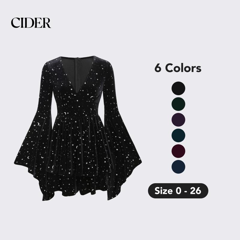 Cider [6 colors, size 0-26] Velvet V-neck Star & Moon Pattern Bell Sleeve Wizard Romper