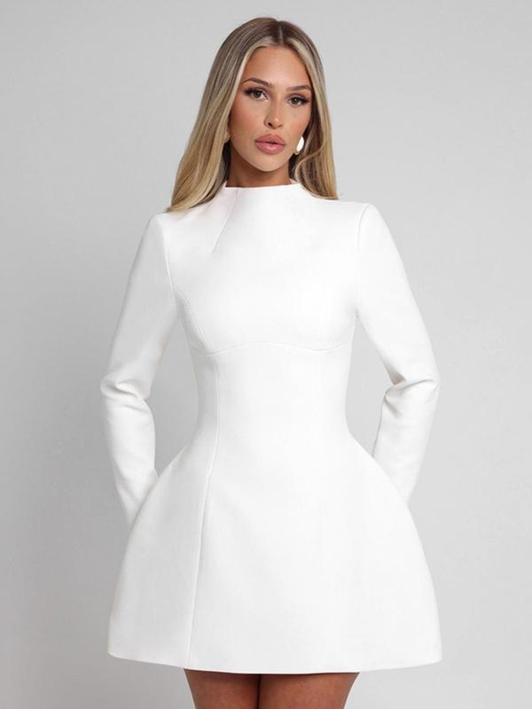 Women's Plain Backless Button Decor A Line Dress, Elegant Long Sleeve Stand Collar Zipper Back Short Dress for Party Holiday Wedding Guest, Ladies Spring & Fall Clothes