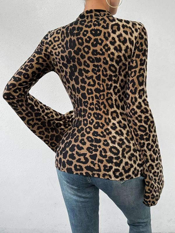 Women's Leopard Print Flounce Sleeve Mock Neck Tee, Casual Long Sleeve T-Shirt for Summer, Ladies Clothes for Daily Wear