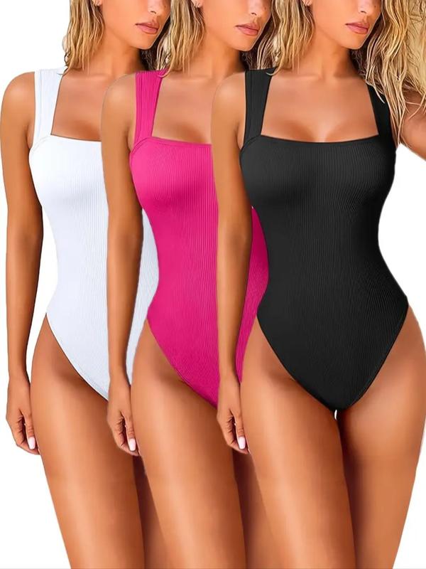 Women's Solid Color Open Crotch Design Ribbed Sports Bodysuit, Casual Sporty Square Neck Sleeveless Tummy Control Bodysuit for Yoga Gym Workout, Ladies Sportswear for All Seasons