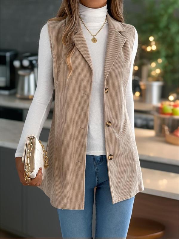 Women's Solid Button Front Lapel Vest Coat, Casual Sleeveless Outerwear for Fall & Winter, Ladies Clothes for Daily Wear