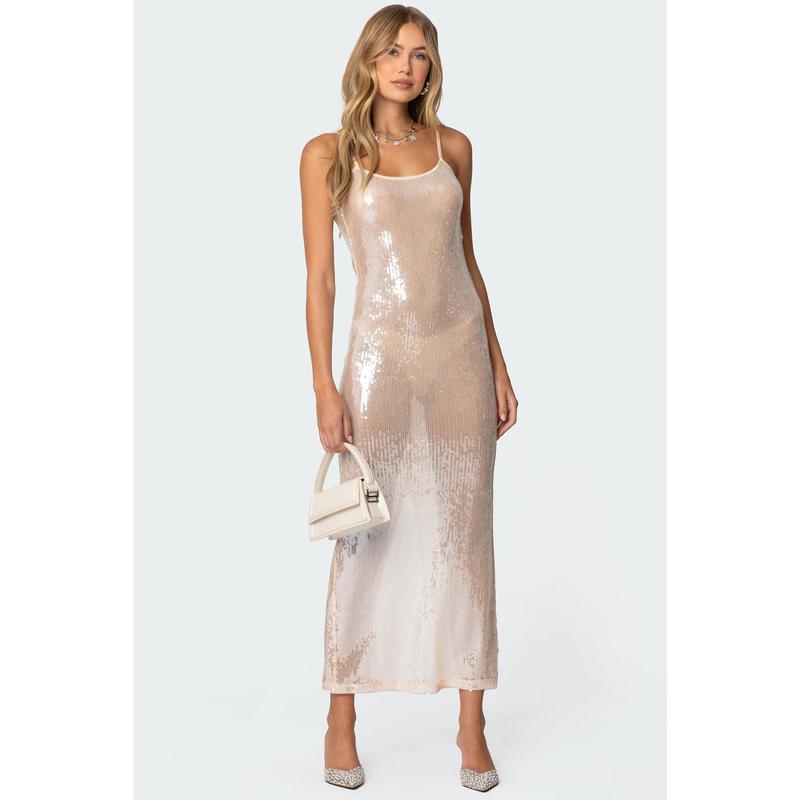 Sheer Sequin Slitted Maxi Dress