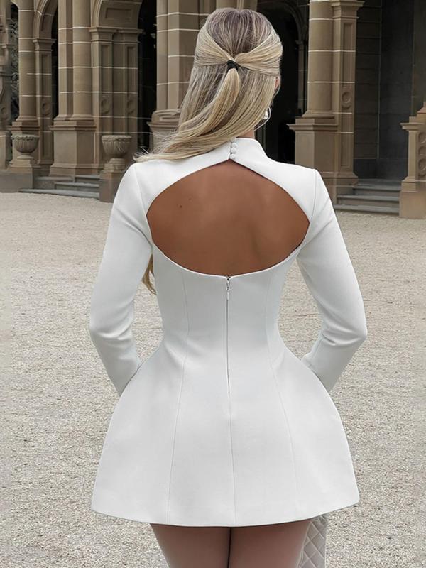 Women's Plain Backless Button Decor A Line Dress, Elegant Long Sleeve Stand Collar Zipper Back Short Dress for Party Holiday Wedding Guest, Ladies Spring & Fall Clothes