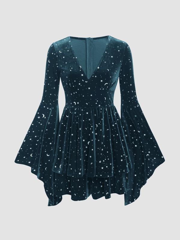 Cider [6 colors, size 0-26] Velvet V-neck Star & Moon Pattern Bell Sleeve Wizard Romper