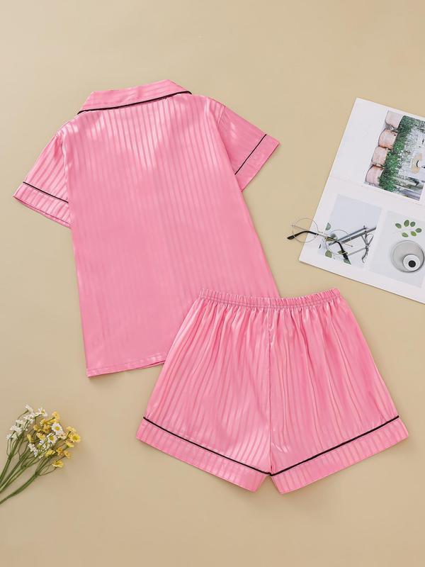 2 Piece Set Women's Striped Jacquard Contrast Binding Satin Pyjama Set, Casual Lapel Shirt & Elastic Waist Shorts PJ Set, Ladies Summer Clothes, Pajama Sets Women, Women's Sleepwear & Homewear, PJ Sets for Women