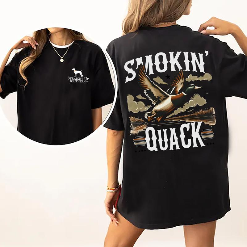 Vintage Smokin' Quack Hunting Duck 2-Sided Graphic Shirt, Mallard Hunting Shirt for Men, Dog Hunt Tee, Comfort Clothing, Cotton Fabric Tshirt, Printed Women's Top, Casual Womenswear