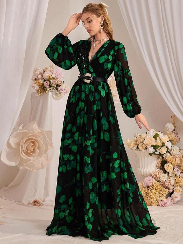 Women's Leaf Print Rhinestone Decor Beaded Belted Dress, Elegant Bishop Sleeve Wrap V Neck A Line Maxi Dress for Party Holiday Wedding Guest, Ladies Clothes for All Seasons