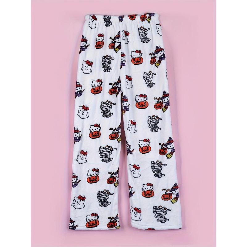 Sanrio Hello Kitty flannel soft pajama pants for Halloween and Christmas, printed fringe casual pants, elegant style, comfortable autumn and winter holiday casual wear