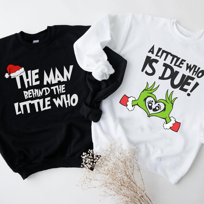 A Little Who Is Due Matching Couple Sweatshirt, Christmas Pregnancy Crewneck, Couple Matching Xmas Shirt, Gender Reveal Outfit