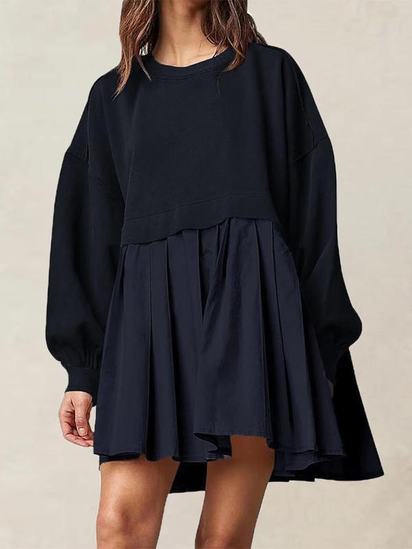 Women's Solid Color Pleated Drop Shoulder Sweatshirt Dress, Casual Long Sleeve Round Neck Short Dress for Fall & Winter, Women's Clothing for Daily Wear