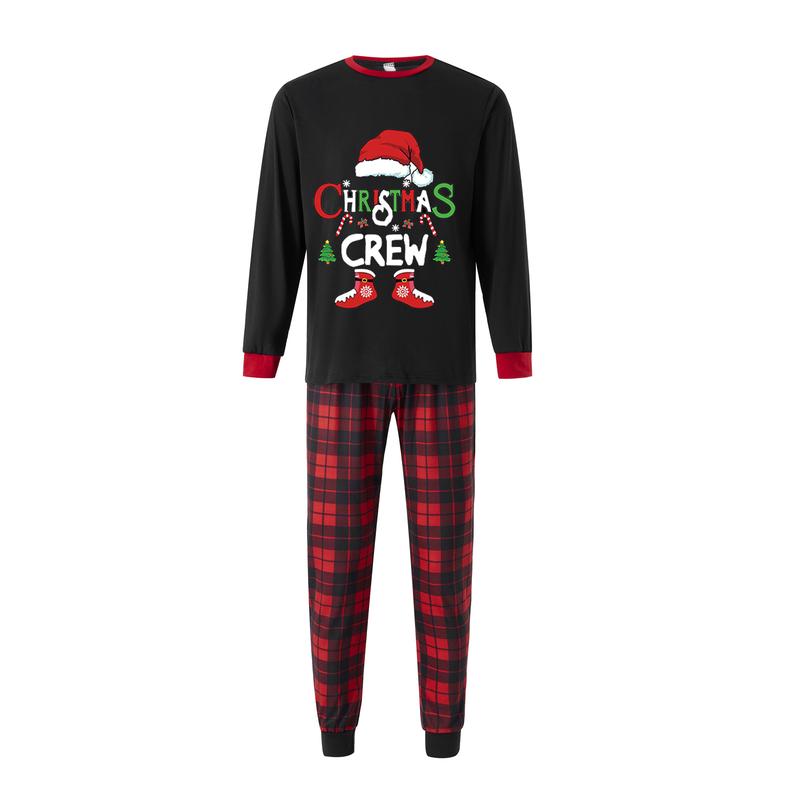 Hot New Christmas Family Pajamas Matching Set, Long Sleeve Letters Print T-shirt with Plaid Pants Sleepwear Loungewear