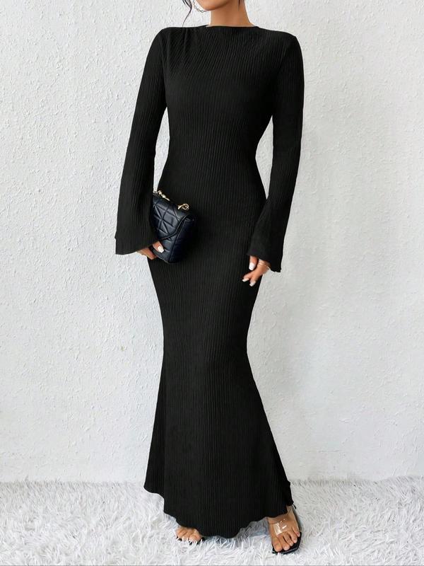 Women's Plain Flounce Sleeve Mermaid Dress, Elegant Mock Neck Long Sleeve Dress for Party Holiday Wedding Guest, Ladies Fall & Winter Clothes