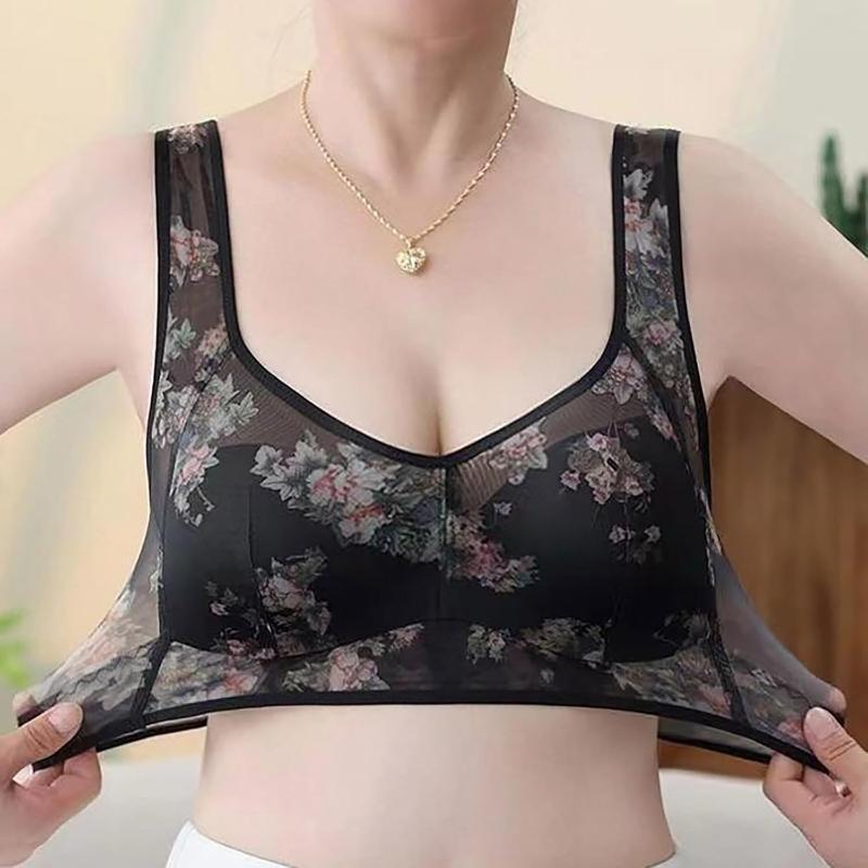 Softinara Ice Silk Lace Cooling Comfort Bra for Older Women, Seamless Wireless Push up Bras Everyday Bras Womenswear Underwear Lady Floral