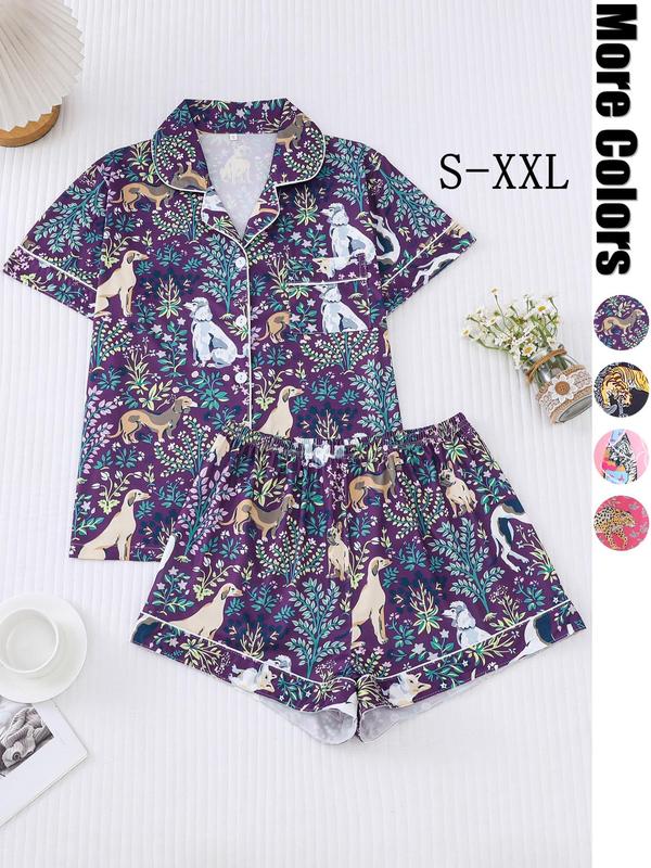 Women's All Over Print Contrast Binding Lapel Shirt & Elastic Waist Shorts Pyjama, Casual Comfy Short Sleeve Pocket Top & Shorts PJ Set, Ladies Sleepwear for All Seasons