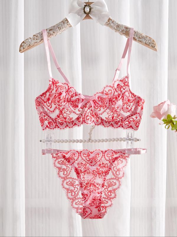 Women's Heart Pattern Floral Lace Bra & Panty Two-piece Set, Adjustable Strap Sheer Bra & Panty Set, Sexy Lingerie Set for Women