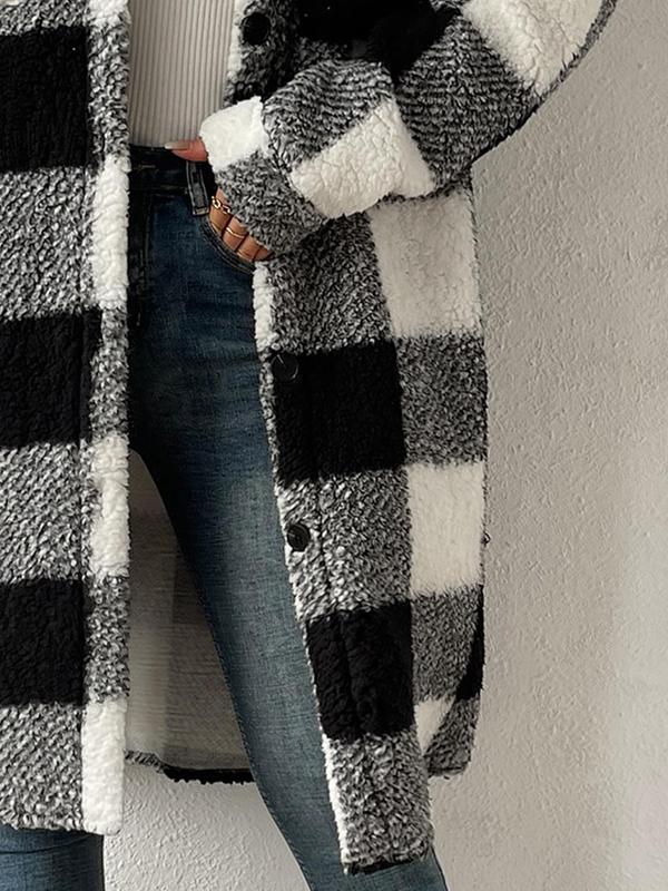 Women's Plaid Print Button Front Pocket  Fuzzy Long Coat, Casual Long Sleeve Collared Outerwear for Fall & Winter, Ladies Clothes for Daily Wear