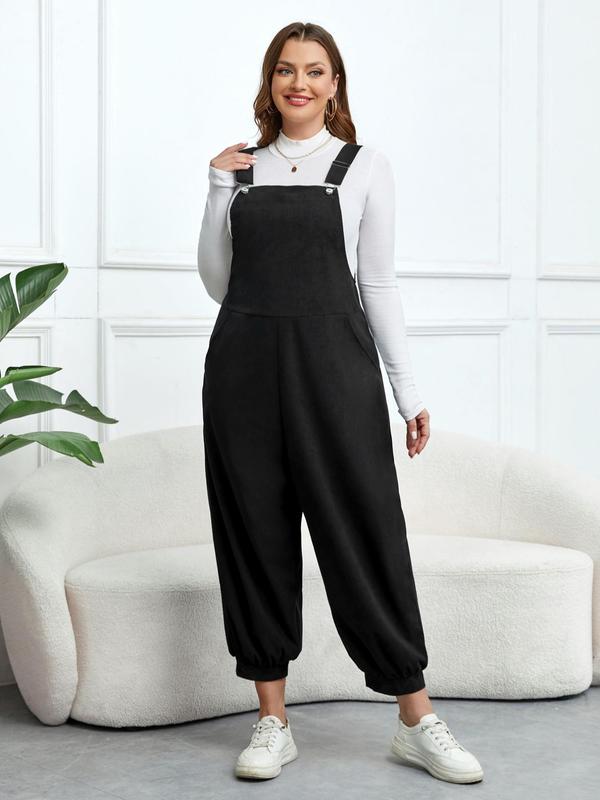  Plain Minimalist Adjustable Strap Corduroy Harem Jumpsuit without Tee, Back To School Outfits, Casual Basic Sleeveless Overalls for Lady Daily Wear, Summer Outfits 2024, Black Girl Outfits