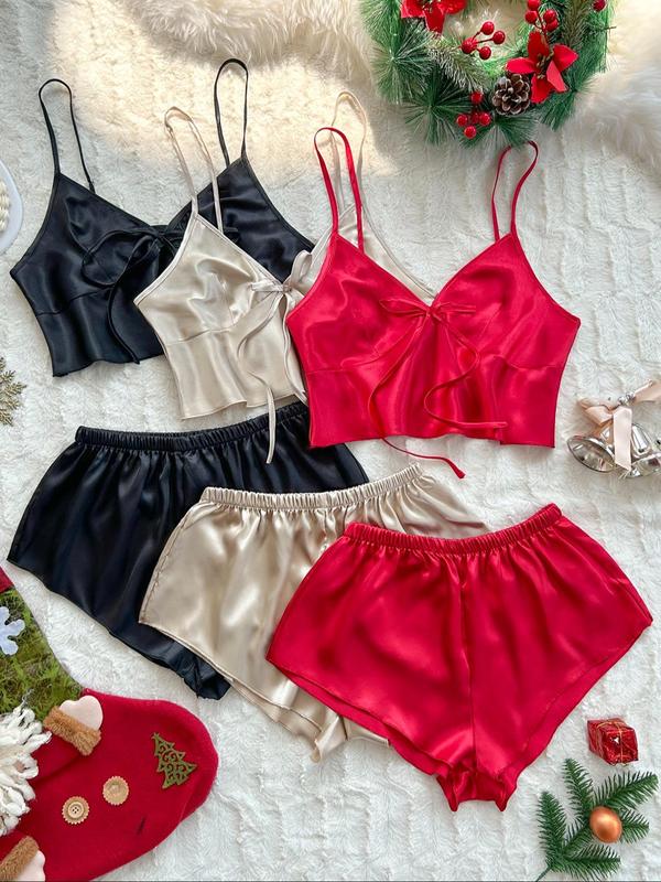 Women's Solid Colo Bow Decor Crop Cami Top & Elastic Waist Shorts Satin Pyjama Set, Casual Comfy Spaghetti Strap Camisole & Shorts PJ Set, Ladies Sleepwear for All Seasons